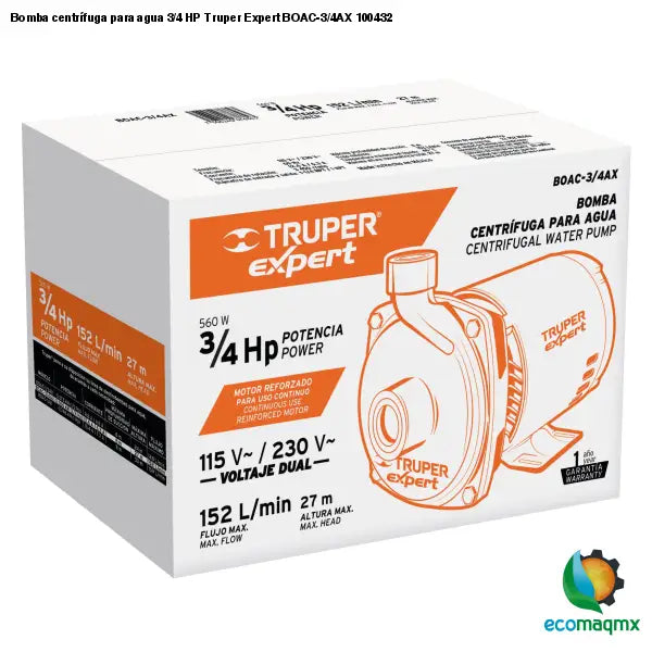 Bomba centrífuga para agua 3/4 HP Truper Expert BOAC-3/4AX