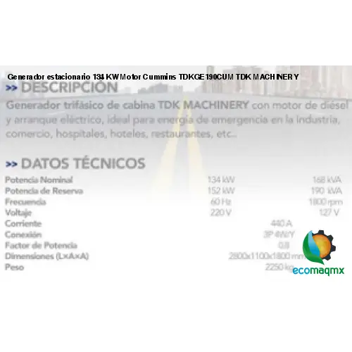 Generador estacionario 134 KW Motor Cummins TDKGE190CUM TDK MACHINERY