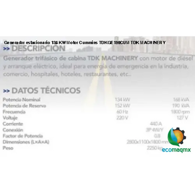 Generador estacionario 134 KW Motor Cummins TDKGE190CUM TDK MACHINERY