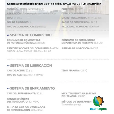 Generador estacionario 134 KW Motor Cummins TDKGE190CUM TDK MACHINERY