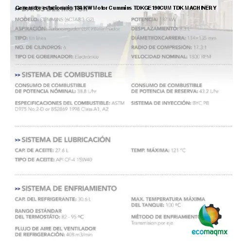 Generador estacionario 134 KW Motor Cummins TDKGE190CUM TDK MACHINERY