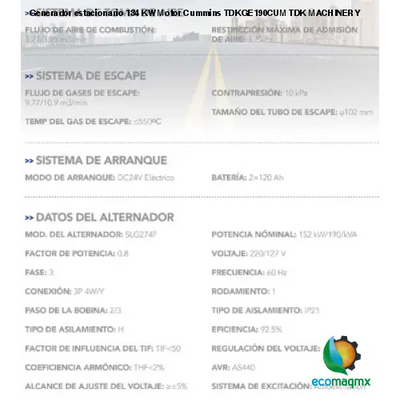 Generador estacionario 134 KW Motor Cummins TDKGE190CUM TDK MACHINERY