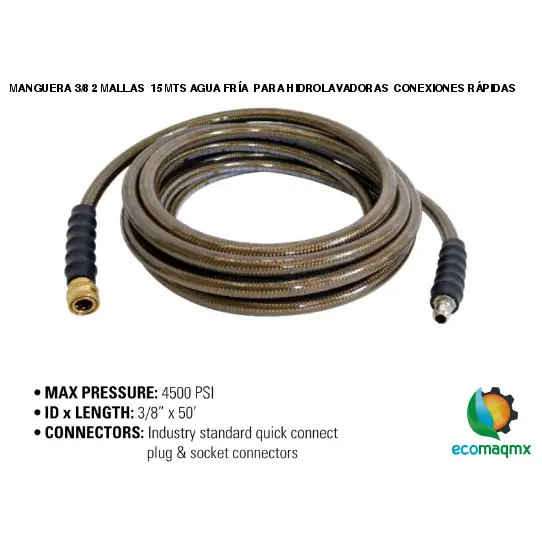 MANGUERA 3/8 2 MALLAS 15 MTS AGUA FRÍA PARA HIDROLAVADORAS