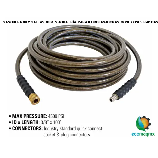MANGUERA 3/8 2 MALLAS 30 MTS AGUA FRÍA PARA HIDROLAVADORAS