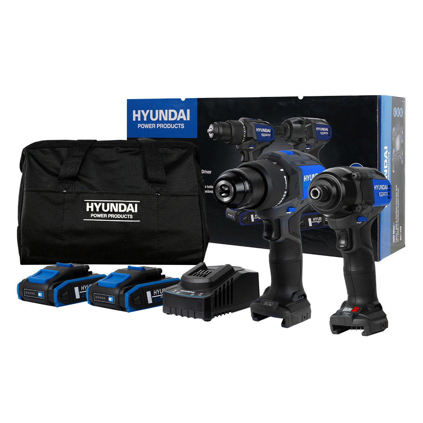 Combo Brushless Taladro De Impacto 1/2″ Y Atornillador De Impacto 1/4″ Hyundai 20v Li-Ion C/Accesorios – S01-T2B