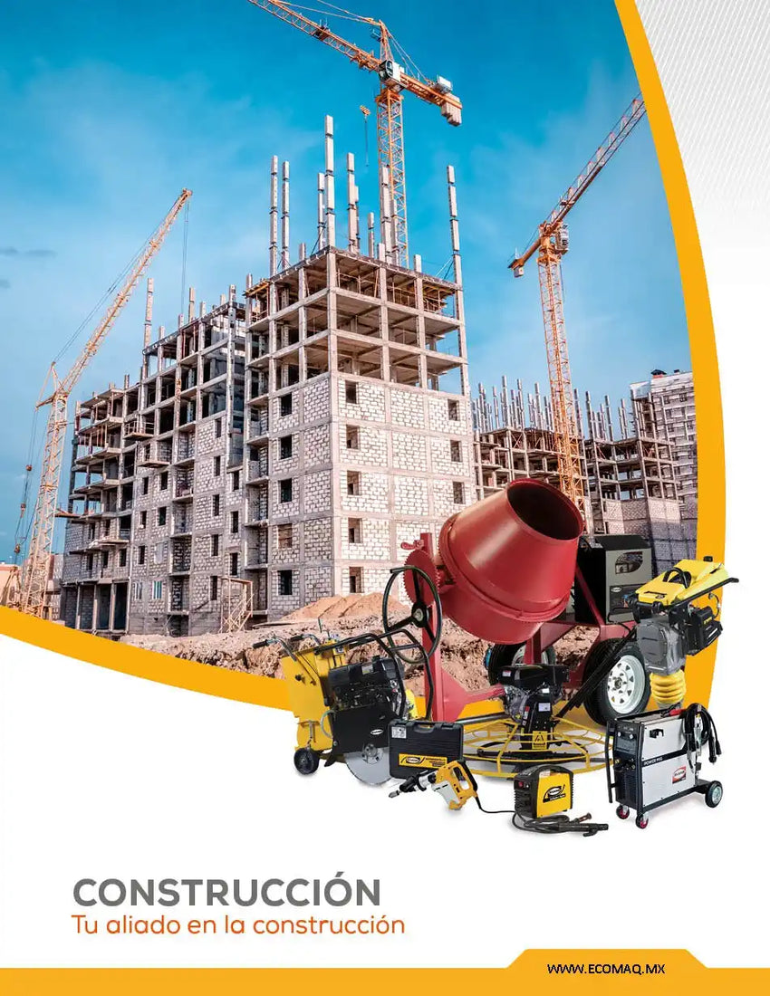 An array of construction equipment, including a cement mixer, power tools, and welding machines.