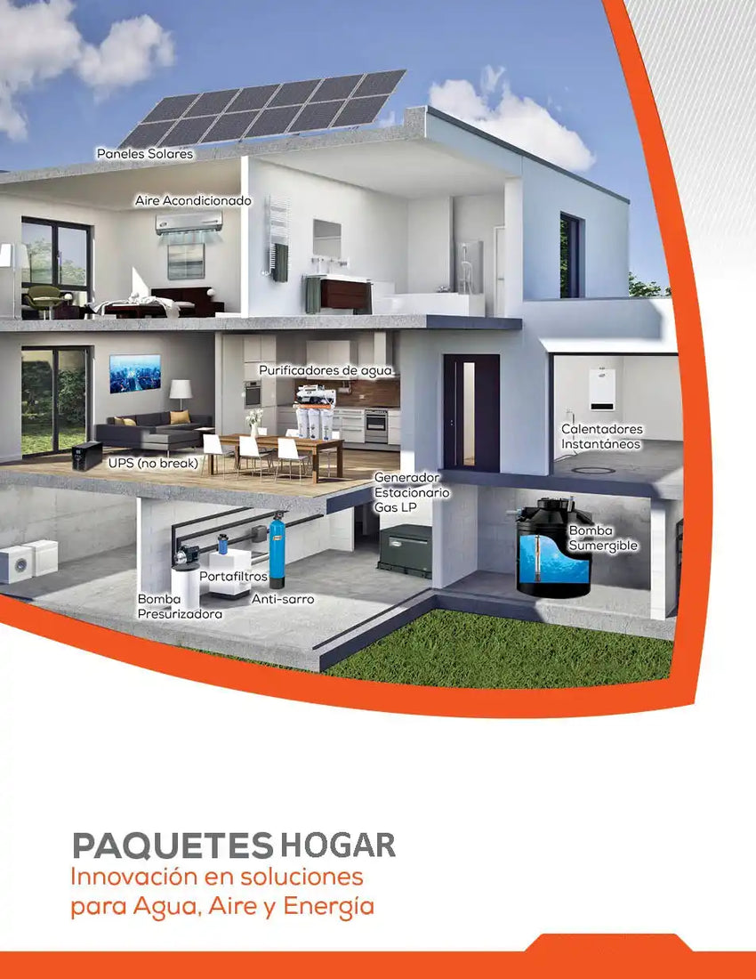 A cross-section of a house illustrating various home energy, water, and air solutions.