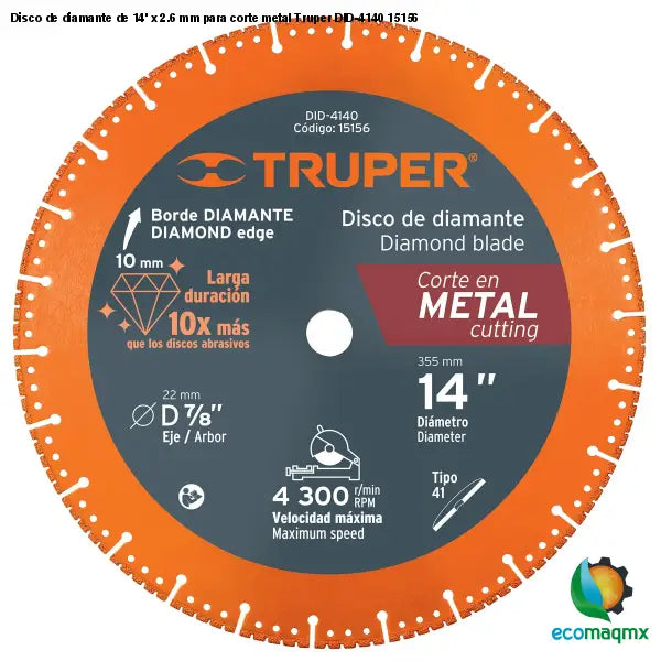 Disco de diamante de 14’ x 2.6 mm para corte metal Truper