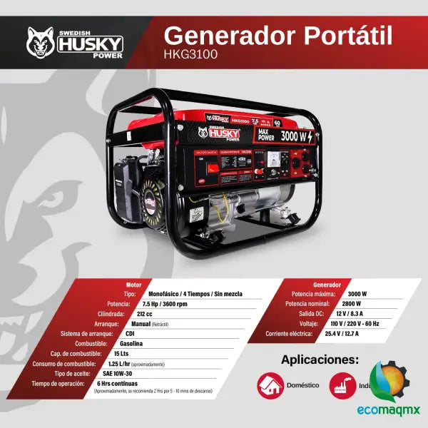 Generador A Gasolina Portátil 230cc 7.5 Hp 4 Tiempos 2800W