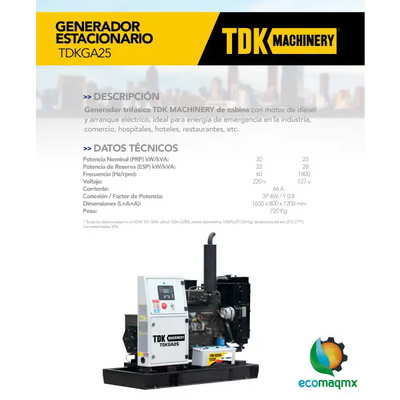 GENERADOR ESTACIONARIO ABIERTO TDK 20 KW / 25 KVA TRIFASICO