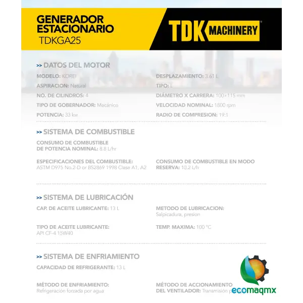 GENERADOR ESTACIONARIO ABIERTO TDK 20 KW / 25 KVA TRIFASICO