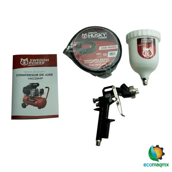 Kit Compresor de Aire Eléctrico De 2.5 Hp 110V Con Tanque De 25 Litros Y 115 Psi Con Pistola De Gravedad y Manguera De 3 Metros Husky HKC25MP