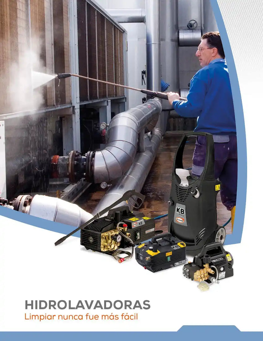 A man using a pressure washer to clean industrial equipment, with several other pressure washer models displayed.