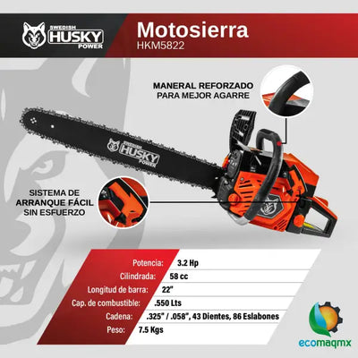 Motosierra De 22’’ Con Motor A Gasolina De 2 Tiempos 58cc