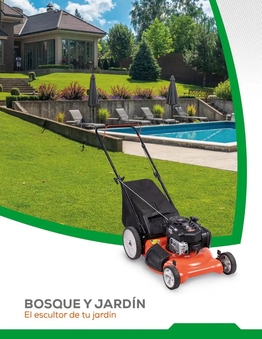 Orange push lawn mower with a grass collection bag.