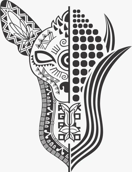 A stylized, split-face mask or totem with intricate tribal and geometric patterns.
