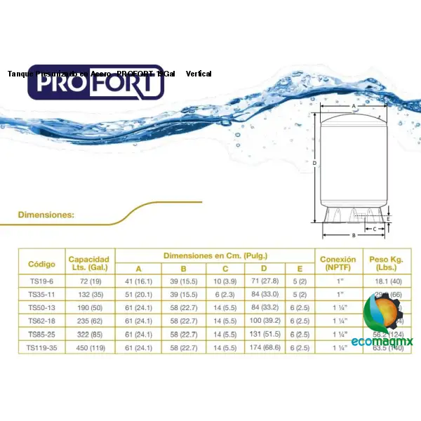 Tanque Presurizado en Acero PROFORT 19Gal Vertical