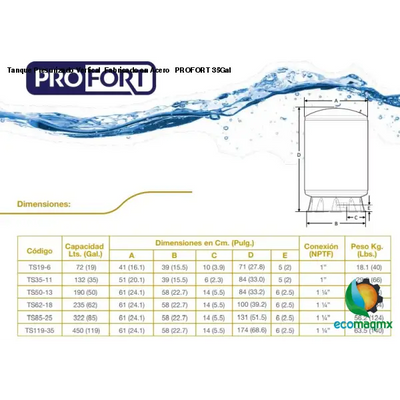 Tanque Presurizado Vertical Fabricado en Acero PROFORT 35Gal