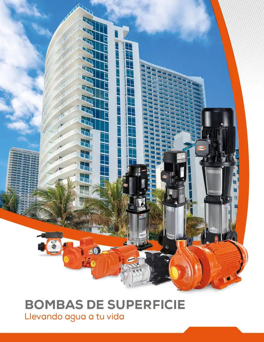 A variety of water pumps in different sizes and designs, primarily orange and silver.