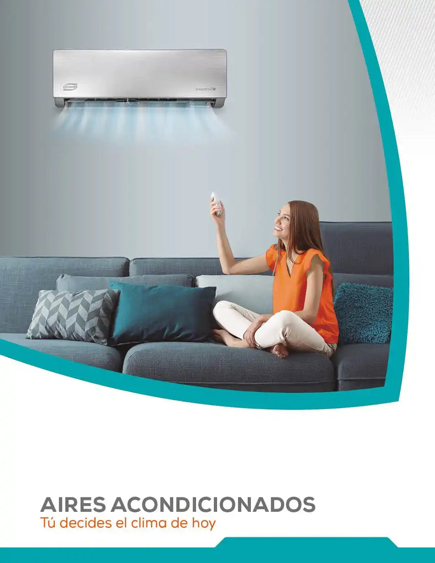A woman uses a remote control to adjust a wall-mounted air conditioner.
