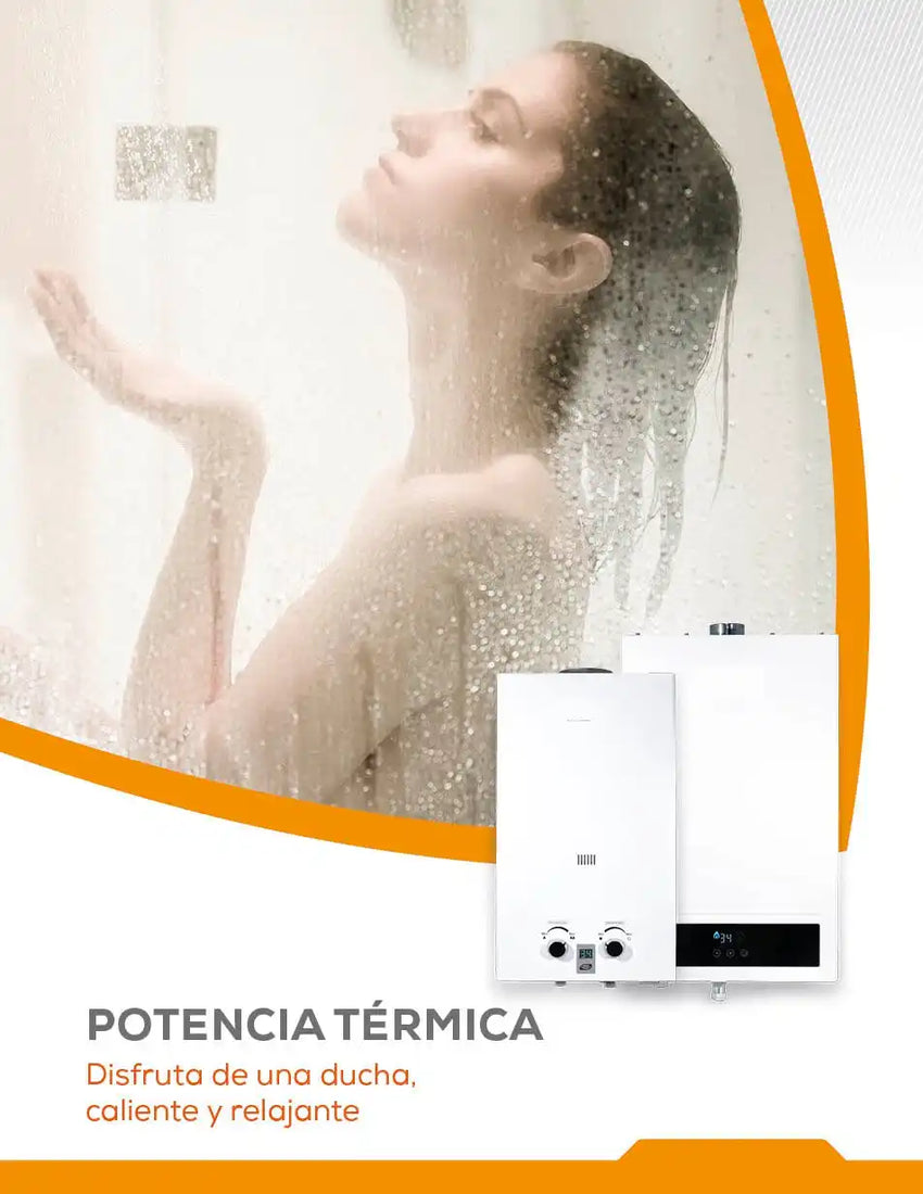 A woman enjoying a warm, relaxing shower with two water heaters nearby.