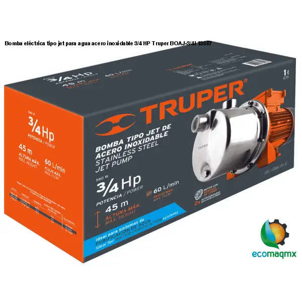 Bomba eléctrica tipo jet para agua acero inoxidable 3/4 HP