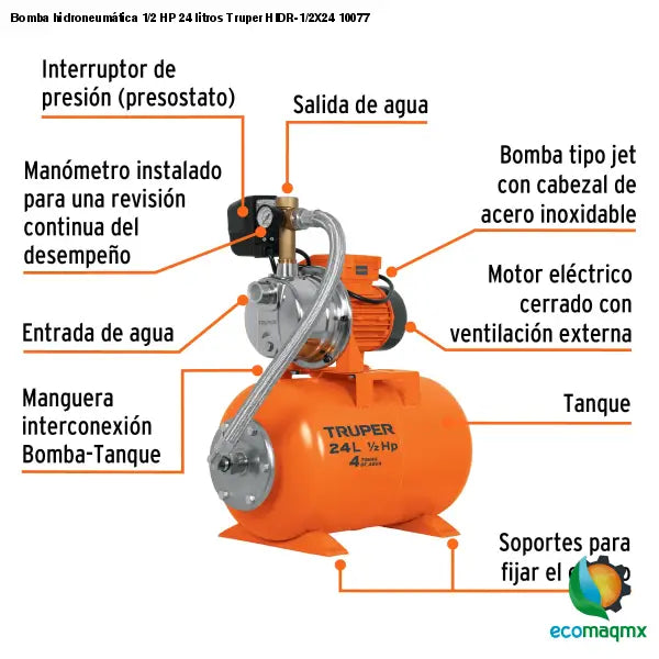 Bomba hidroneumática 1/2 HP 24 litros Truper HIDR-1/2X24