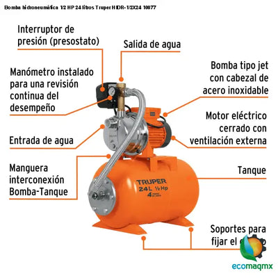 Bomba hidroneumática 1/2 HP 24 litros Truper HIDR-1/2X24