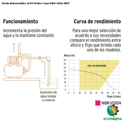 Bomba hidroneumática 1/2 HP 24 litros Truper HIDR-1/2X24