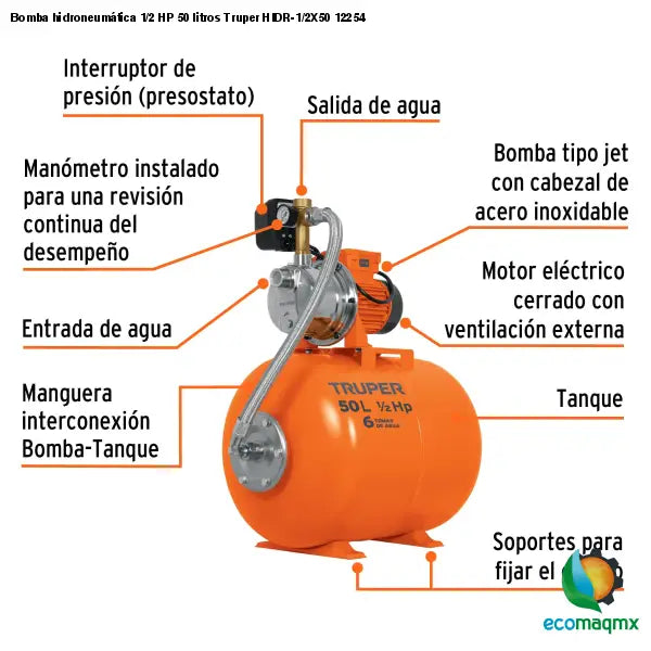 Bomba hidroneumática 1/2 HP 50 litros Truper HIDR-1/2X50