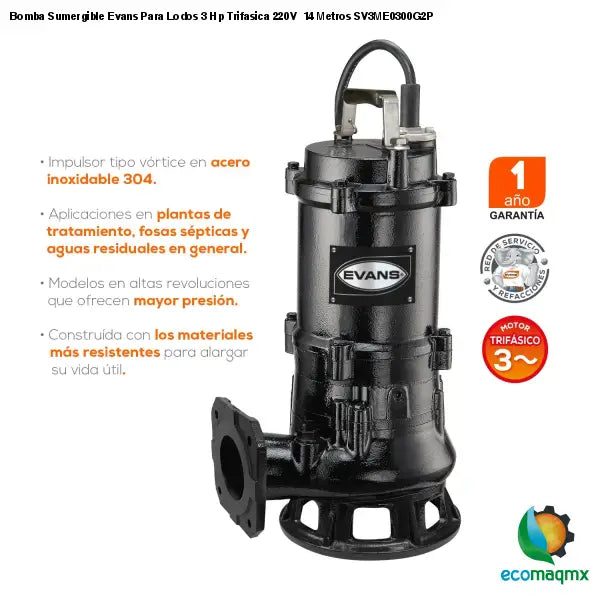 Bomba Sumergible Evans Para Lodos 3 Hp Trifasica 220V 14
