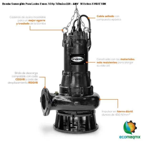 Bomba Sumergible Para Lodos Evans 15 Hp Trifasica 220 - 440V