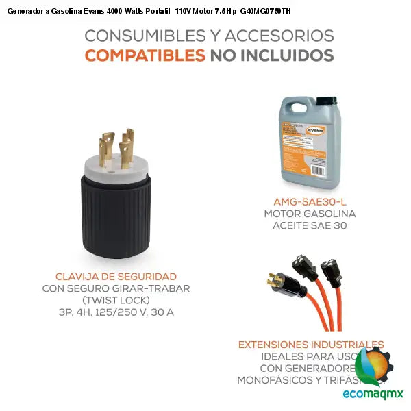 Generador a Gasolina Evans 4000 Watts Portatil 110V Motor