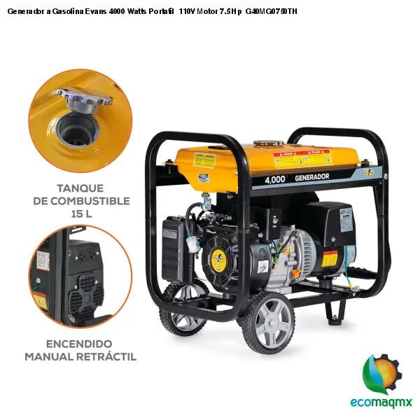 Generador a Gasolina Evans 4000 Watts Portatil 110V Motor