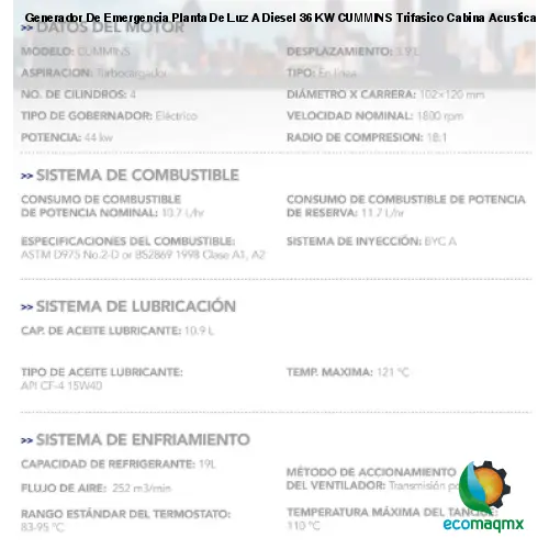 Generador De Emergencia Planta De Luz A Diesel 36 KW CUMMINS Trifasico Cabina Acustica HYEGE36CUM