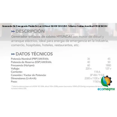 Generador De Emergencia Planta De Luz A Diesel 36 KW CUMMINS Trifasico Cabina Acustica HYEGE36CUM