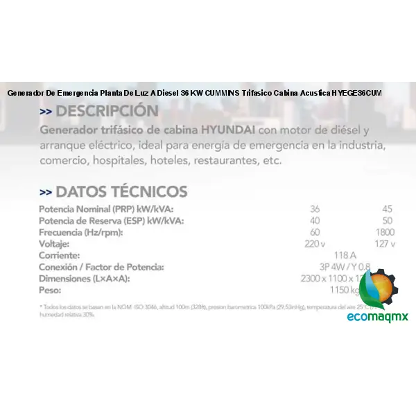 Generador De Emergencia Planta De Luz A Diesel 36 KW CUMMINS Trifasico Cabina Acustica HYEGE36CUM