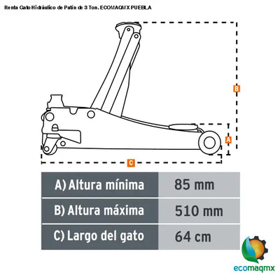 Renta Gato Hidráulico de Patín de 3 Ton. ECOMAQMX PUEBLA