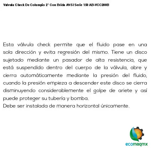 Valvula Check De Columpio 2 Con Brida ANSI Serie 150