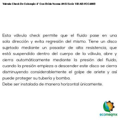 Valvula Check De Columpio 4 Con Brida Norma ANSI Serie 150